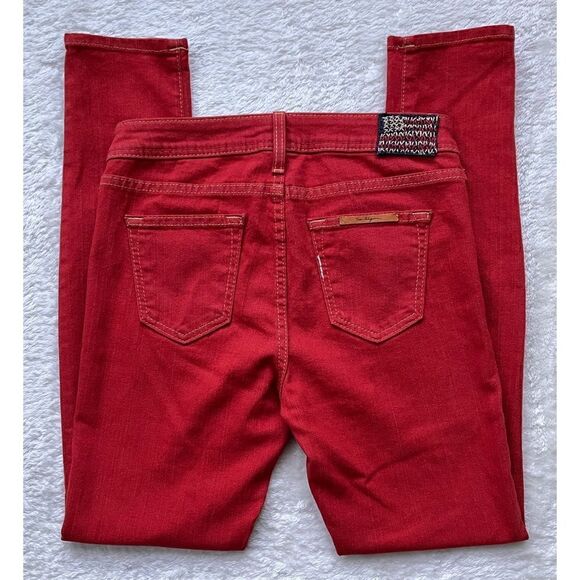 True Religion Halle Phantom American Flag Logo Tomato Red Skinny Jeans, Size 27 - Picture 13 of 16